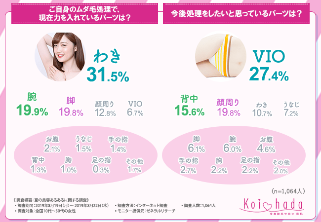 ご自身のムダ毛処理で現在力を入れているパーツは？今後処理をしたいと思っているパーツは？